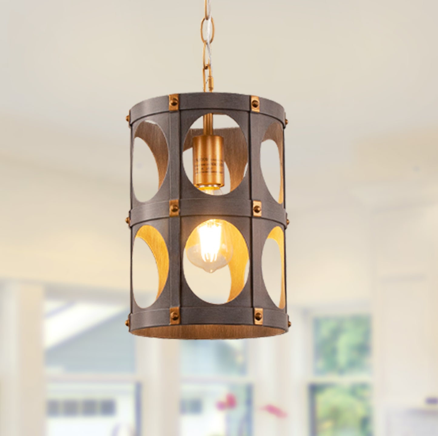 1-Light Farmhouse Black and Wood Chandelier, Metal Cage Pendant Light for Kitchen Island, Hallway, Bedroom