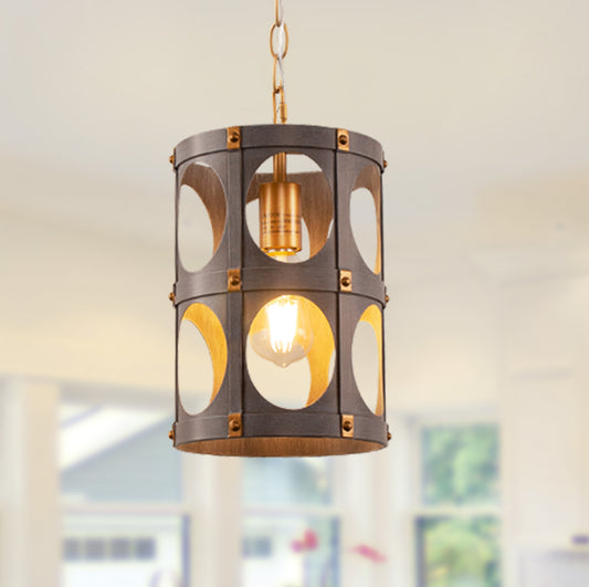 1-Light Farmhouse Black and Wood Chandelier, Metal Cage Pendant Light for Kitchen Island, Hallway, Bedroom