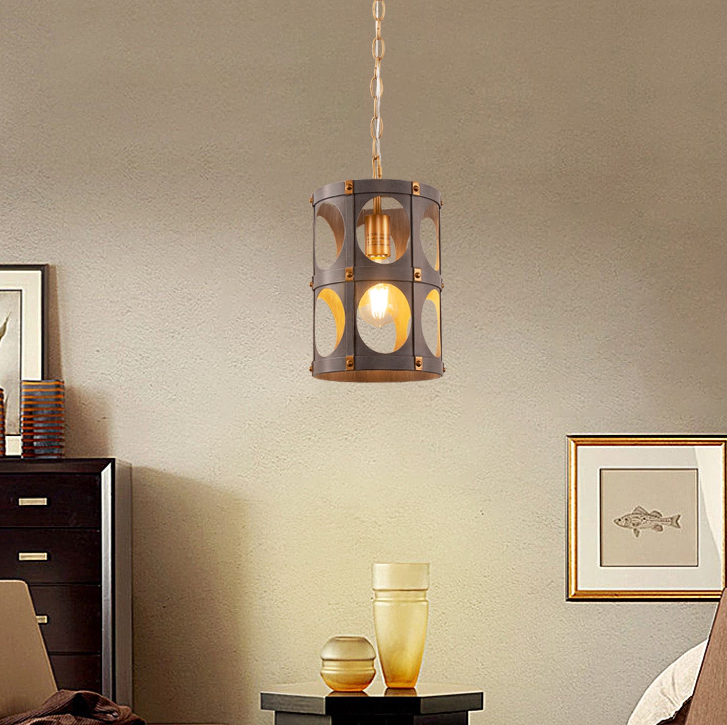 1-Light Farmhouse Black and Wood Chandelier, Metal Cage Pendant Light for Kitchen Island, Hallway, Bedroom