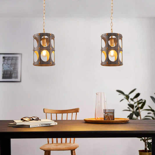 1-Light Farmhouse Black and Wood Chandelier, Metal Cage Pendant Light for Kitchen Island, Hallway, Bedroom