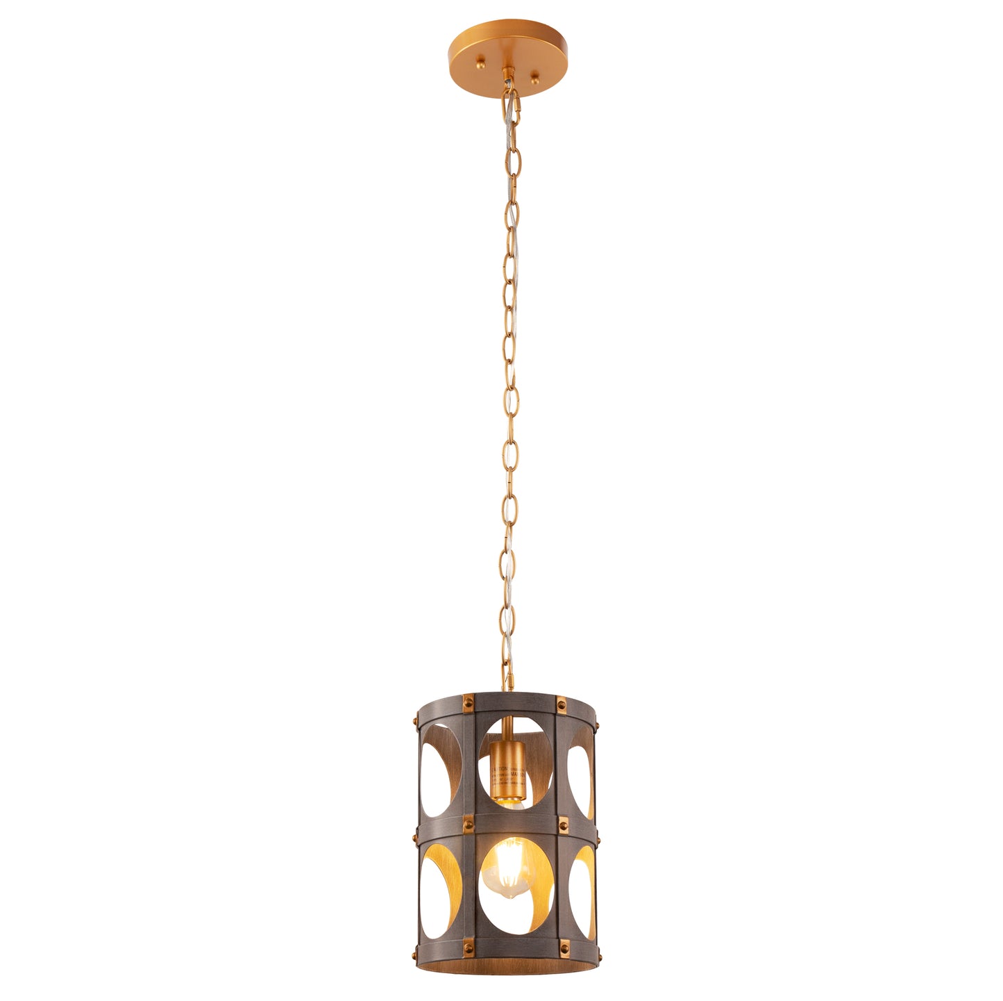 1-Light Farmhouse Black and Wood Chandelier, Metal Cage Pendant Light for Kitchen Island, Hallway, Bedroom