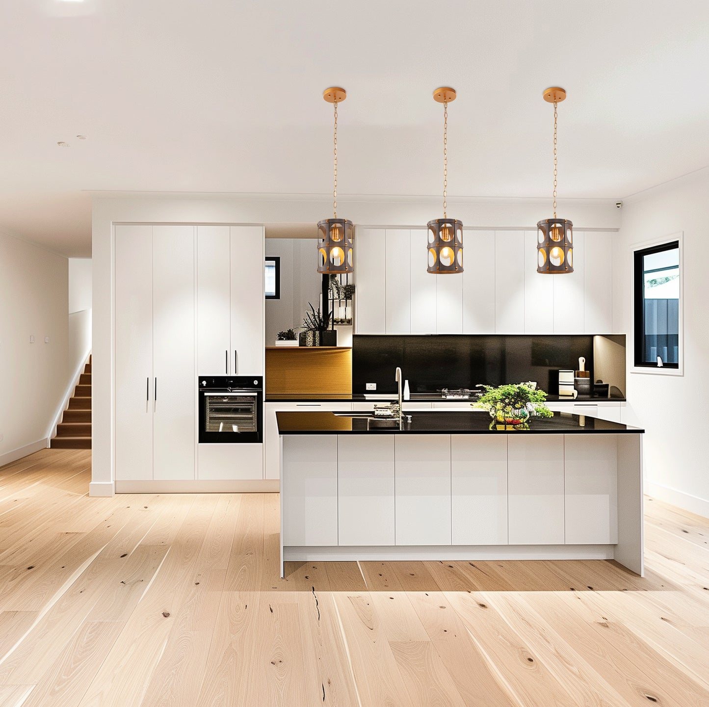 1-Light Farmhouse Black and Wood Chandelier, Metal Cage Pendant Light for Kitchen Island, Hallway, Bedroom