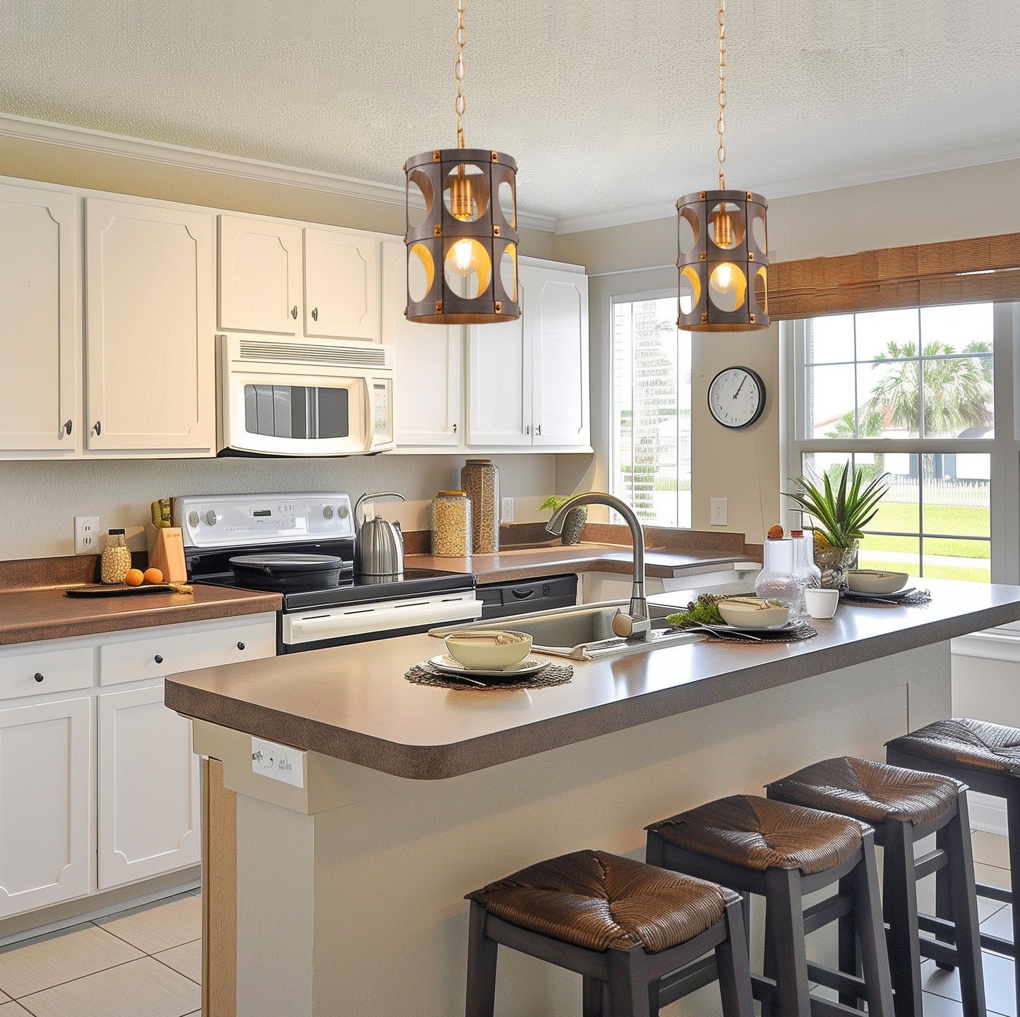 1-Light Farmhouse Black and Wood Chandelier, Metal Cage Pendant Light for Kitchen Island, Hallway, Bedroom