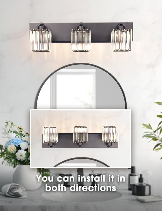 24 in. 3-Light Black Square Crystal Bathroom 3CCT Integrated LED Vanity Light Fixture