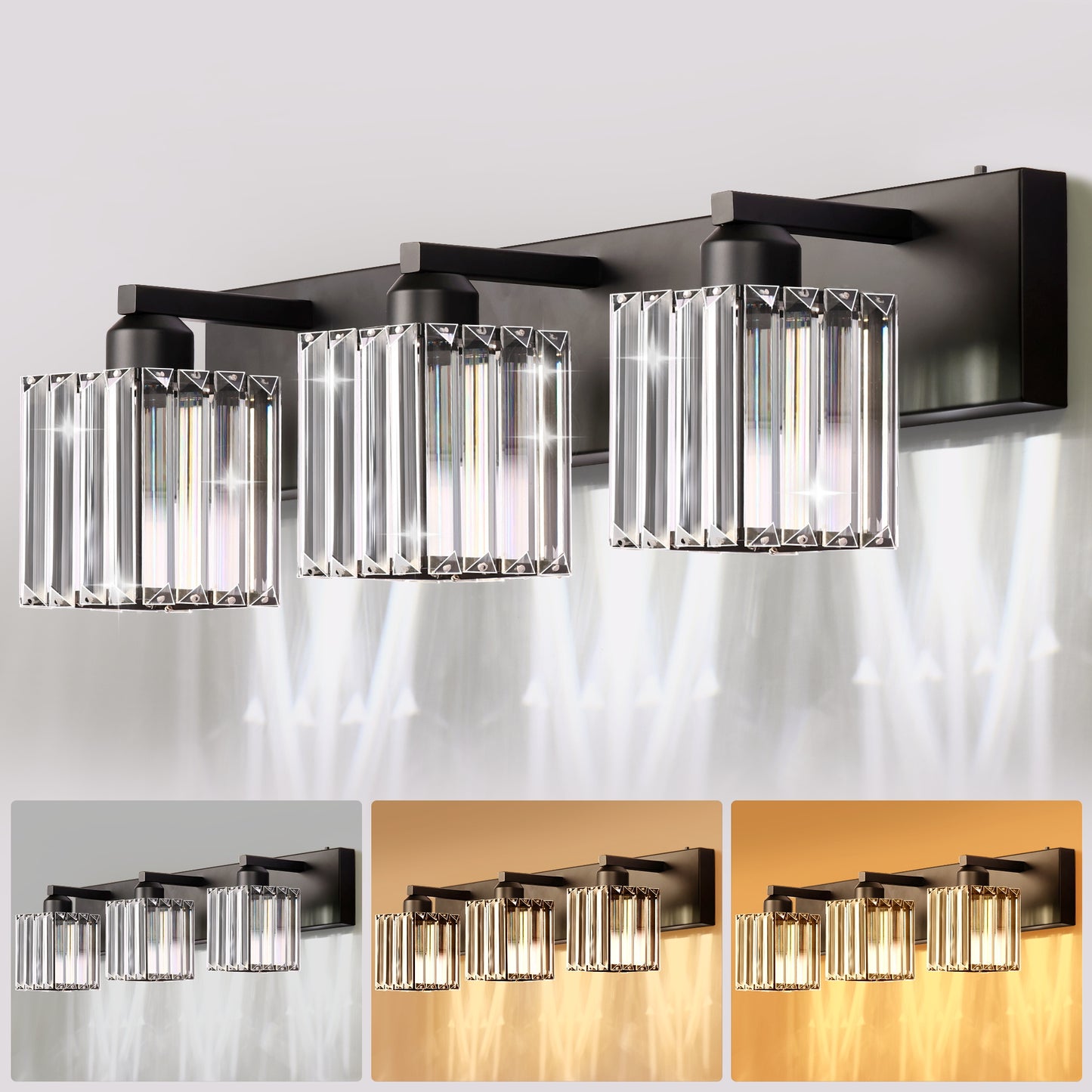 24 in. 3-Light Black Square Crystal Bathroom 3CCT Integrated LED Vanity Light Fixture
