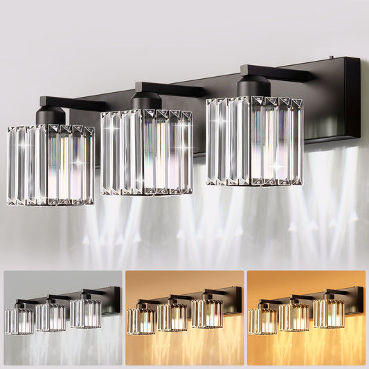 24 in. 3-Light Black Square Crystal Bathroom 3CCT Integrated LED Vanity Light Fixture