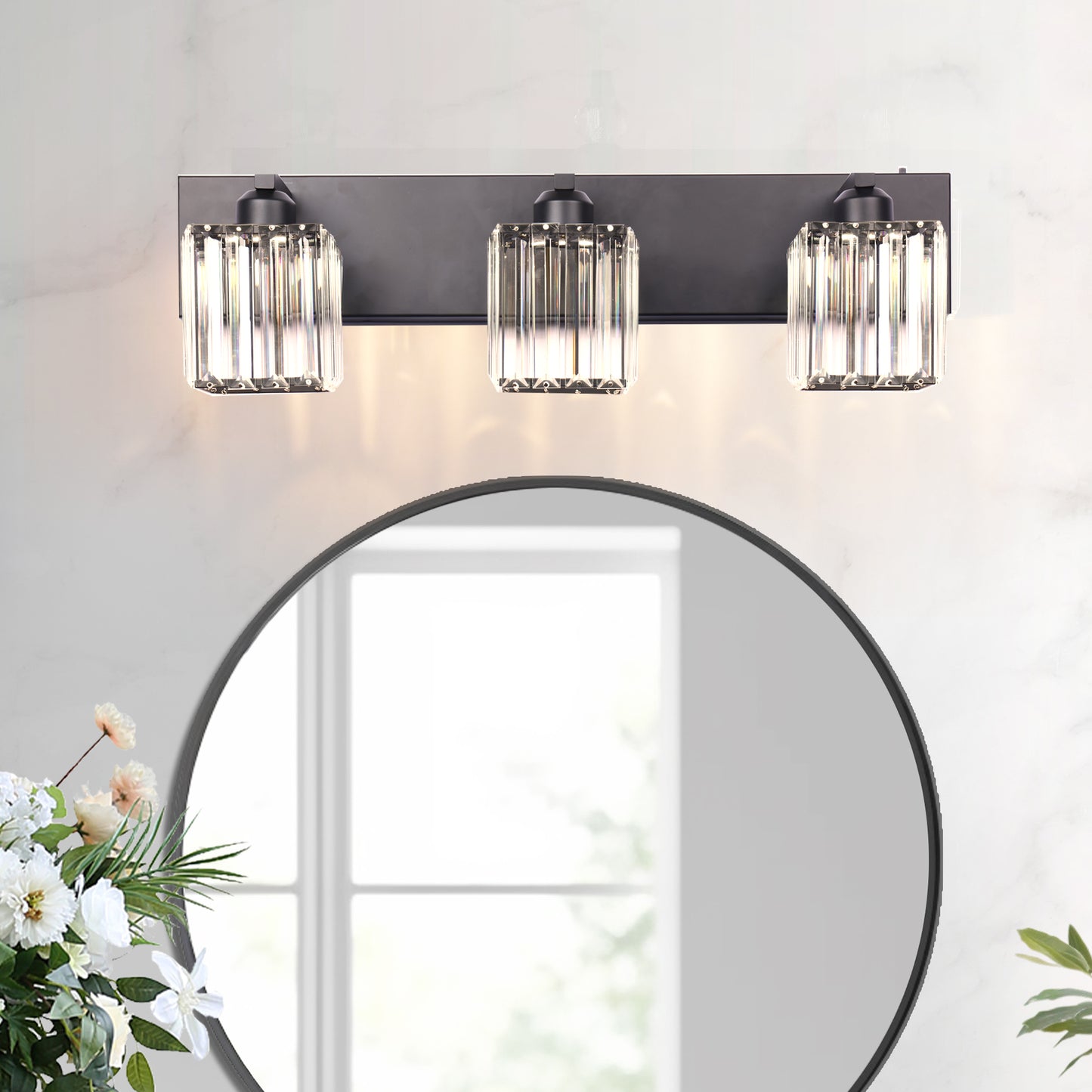 24 in. 3-Light Black Square Crystal Bathroom 3CCT Integrated LED Vanity Light Fixture