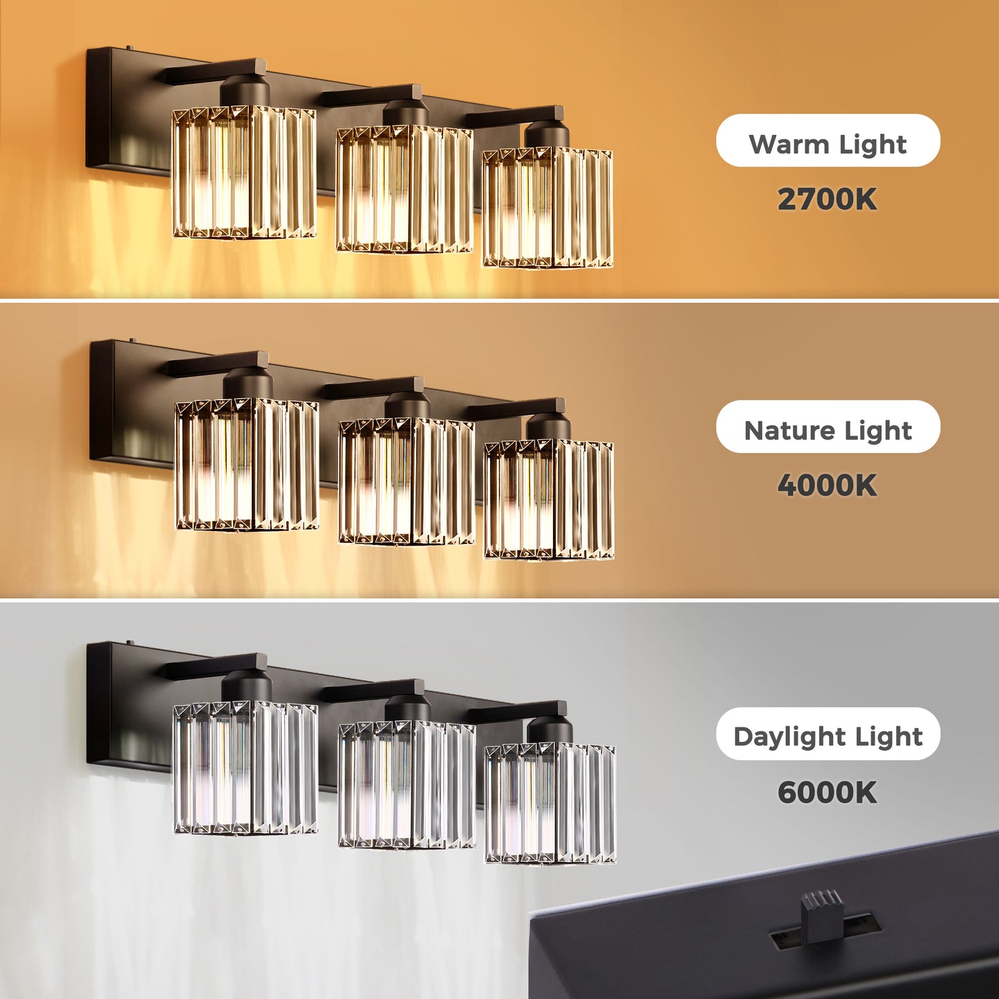 24 in. 3-Light Black Square Crystal Bathroom 3CCT Integrated LED Vanity Light Fixture