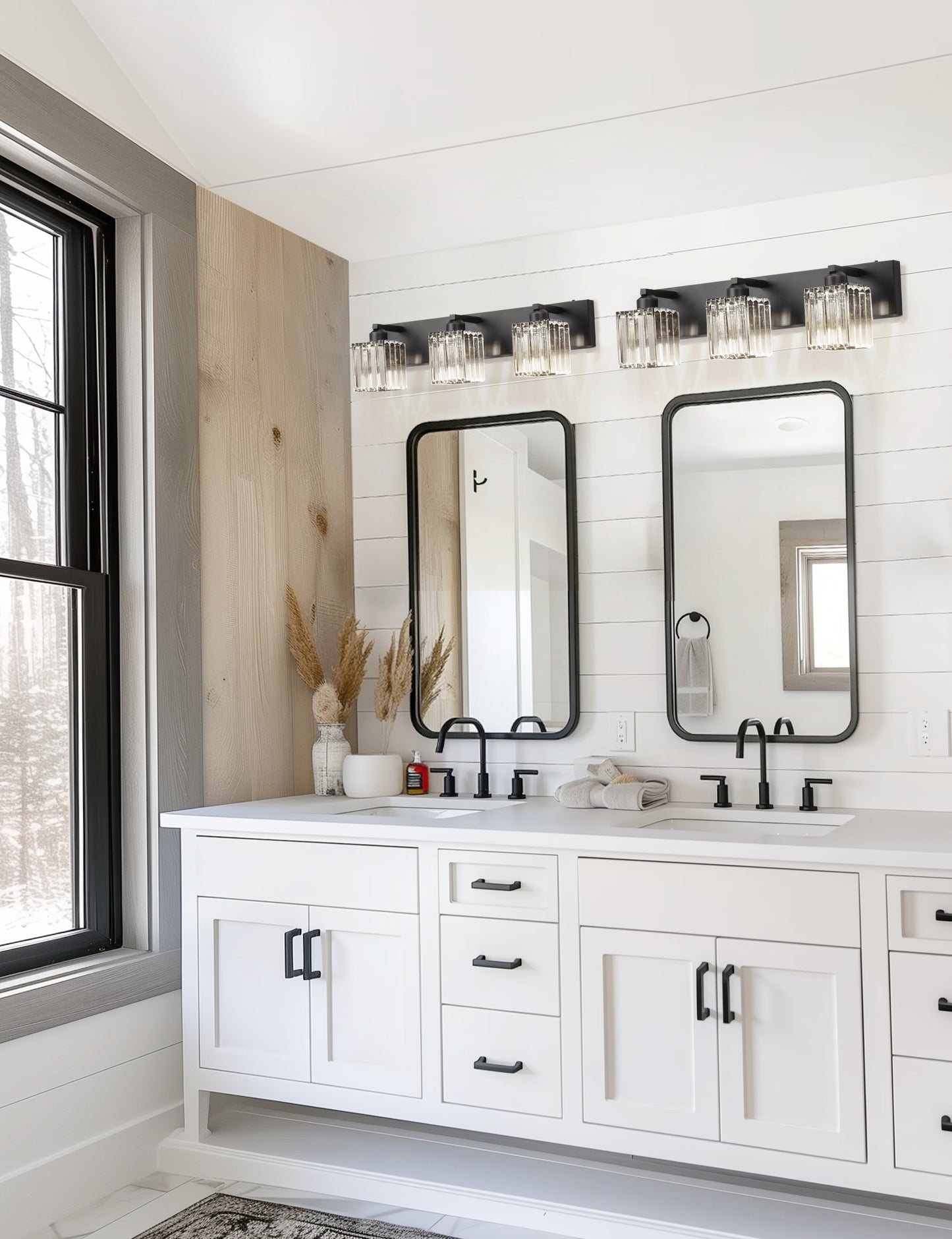 24 in. 3-Light Black Square Crystal Bathroom 3CCT Integrated LED Vanity Light Fixture