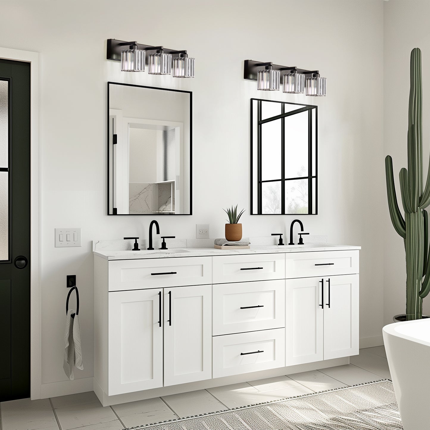 24 in. 3-Light Black Square Crystal Bathroom 3CCT Integrated LED Vanity Light Fixture