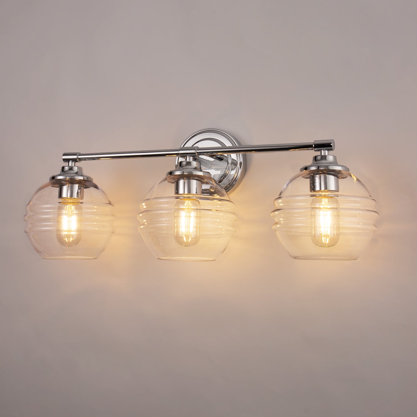 24 in. 3-Light Chrome Modern Globe Vanity Light for Bathroom with Clear Glass Shades