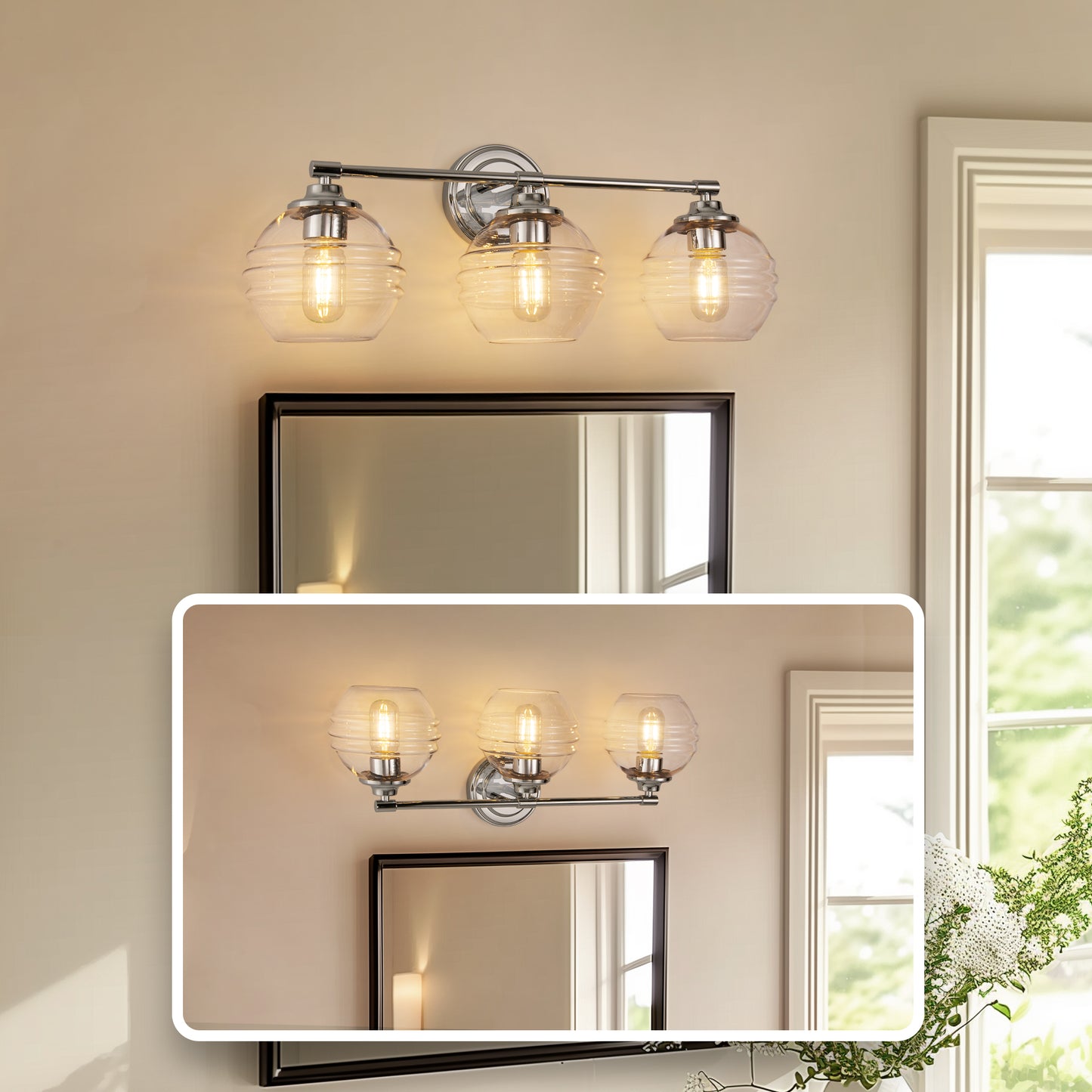 24 in. 3-Light Chrome Modern Globe Vanity Light for Bathroom with Clear Glass Shades