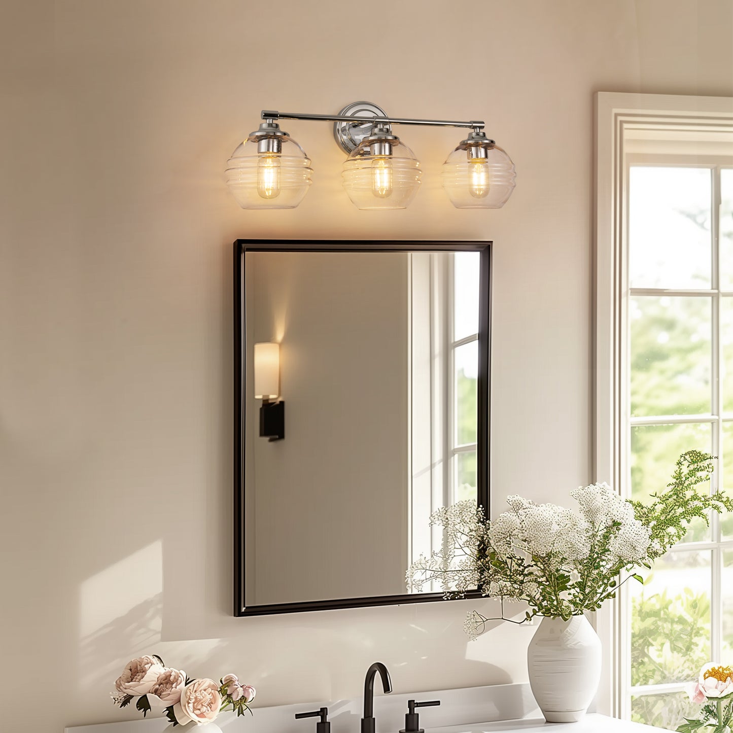 24 in. 3-Light Chrome Modern Globe Vanity Light for Bathroom with Clear Glass Shades
