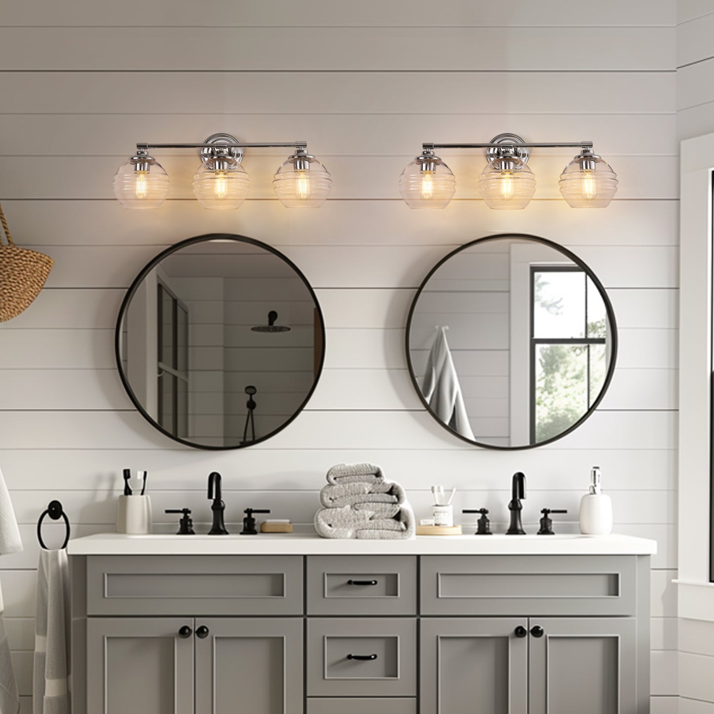 24 in. 3-Light Chrome Modern Globe Vanity Light for Bathroom with Clear Glass Shades