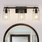 24 in. 3-Light Black and Faux Wood Vintage Farmhouse Vanity Light with Clear Glass Bell Shades for Bathroom
