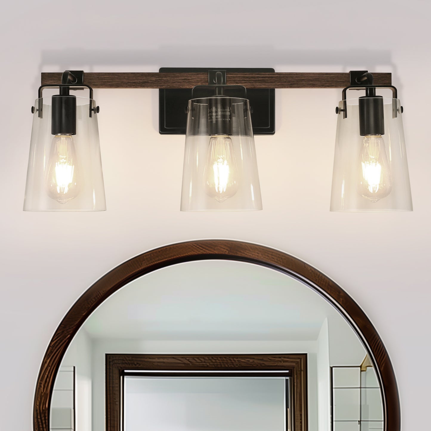 24 in. 3-Light Black and Faux Wood Vintage Farmhouse Vanity Light with Clear Glass Bell Shades for Bathroom