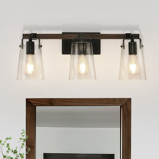 24 in. 3-Light Black and Faux Wood Vintage Farmhouse Vanity Light with Clear Glass Bell Shades for Bathroom