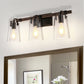 24 in. 3-Light Black and Faux Wood Vintage Farmhouse Vanity Light with Clear Glass Bell Shades for Bathroom