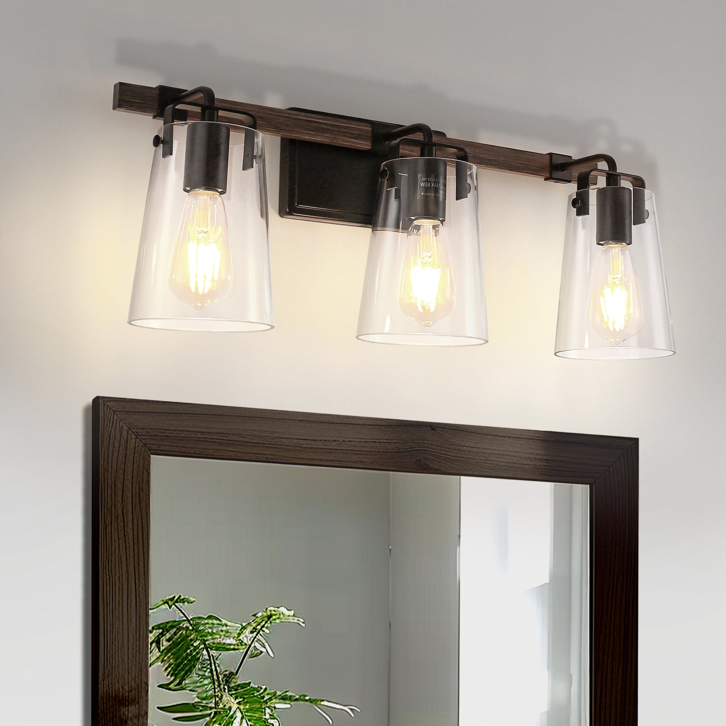 24 in. 3-Light Black and Faux Wood Vintage Farmhouse Vanity Light with Clear Glass Bell Shades for Bathroom