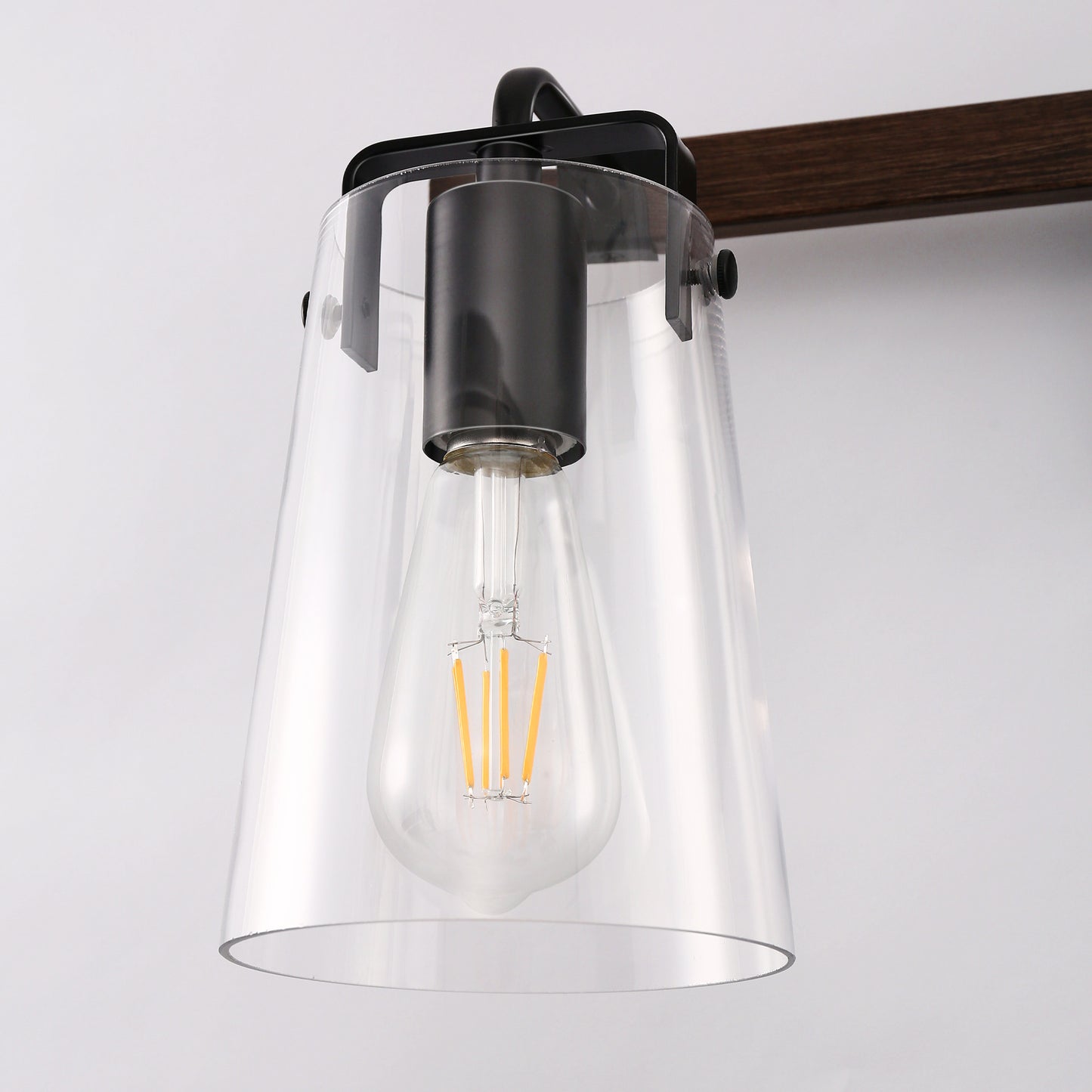 24 in. 3-Light Black and Faux Wood Vintage Farmhouse Vanity Light with Clear Glass Bell Shades for Bathroom