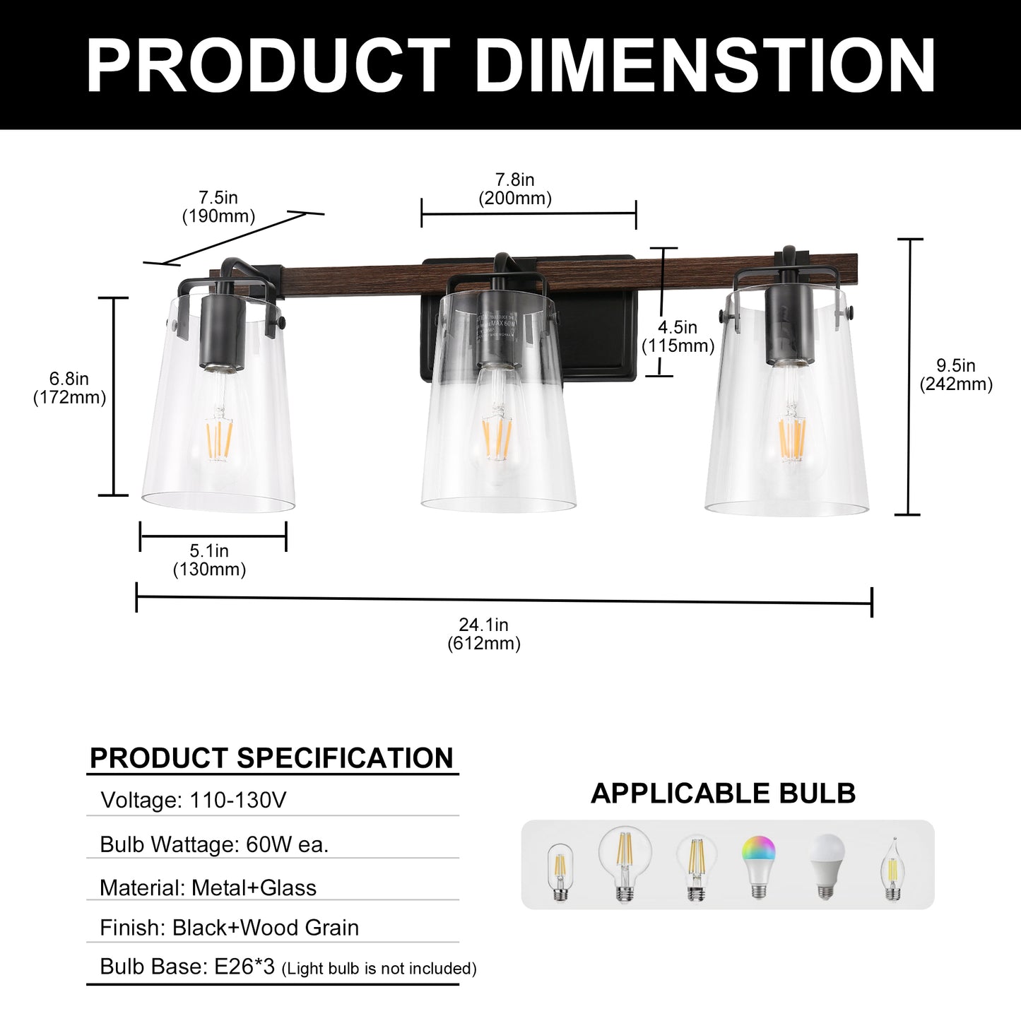 24 in. 3-Light Black and Faux Wood Vintage Farmhouse Vanity Light with Clear Glass Bell Shades for Bathroom