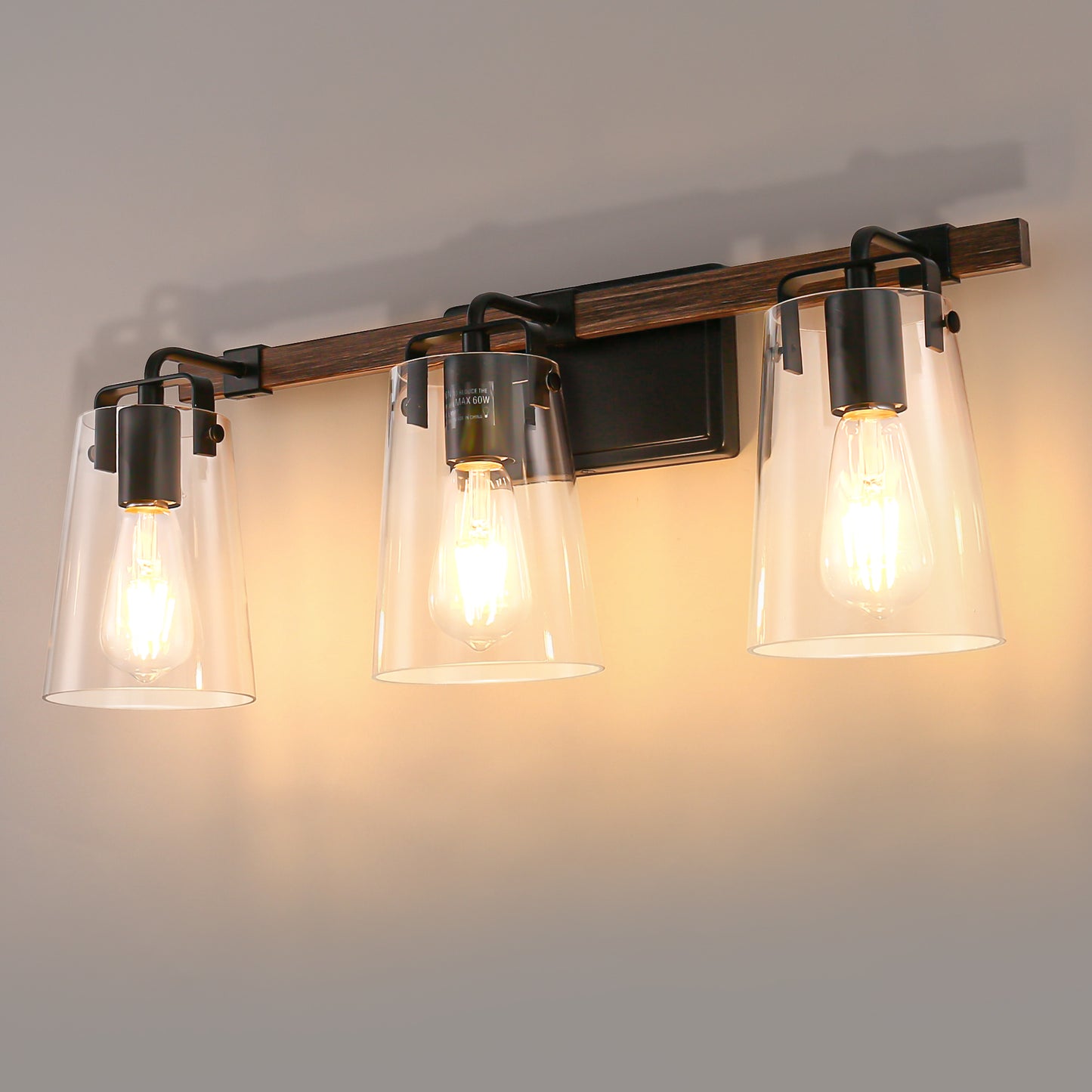 24 in. 3-Light Black and Faux Wood Vintage Farmhouse Vanity Light with Clear Glass Bell Shades for Bathroom