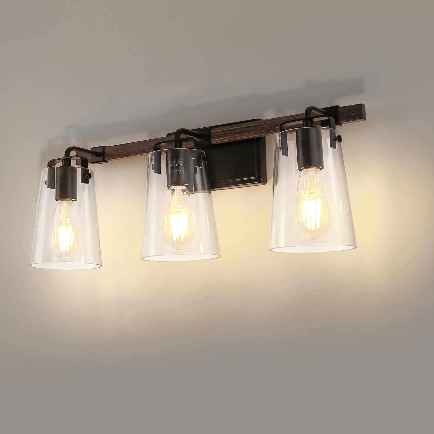 24 in. 3-Light Black and Faux Wood Vintage Farmhouse Vanity Light with Clear Glass Bell Shades for Bathroom