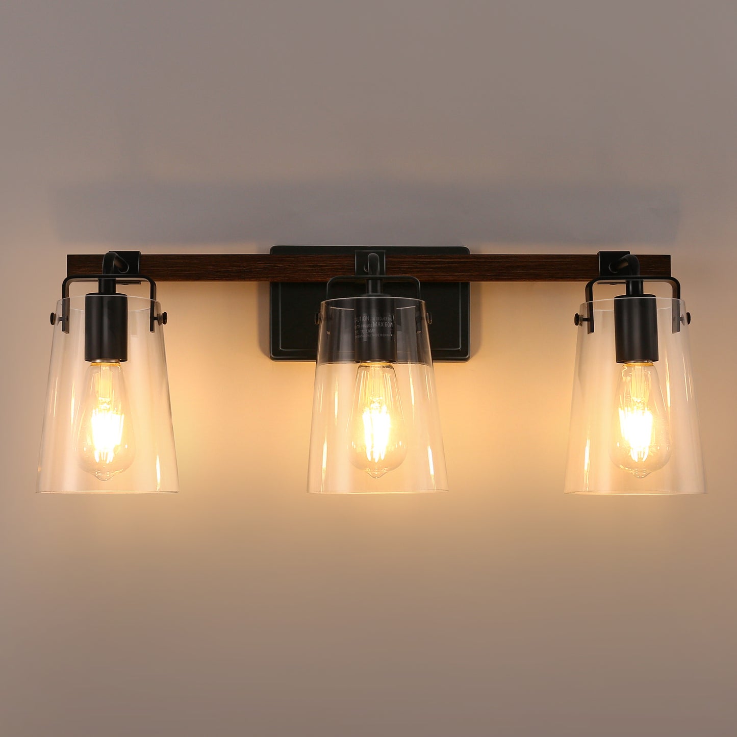 24 in. 3-Light Black and Faux Wood Vintage Farmhouse Vanity Light with Clear Glass Bell Shades for Bathroom