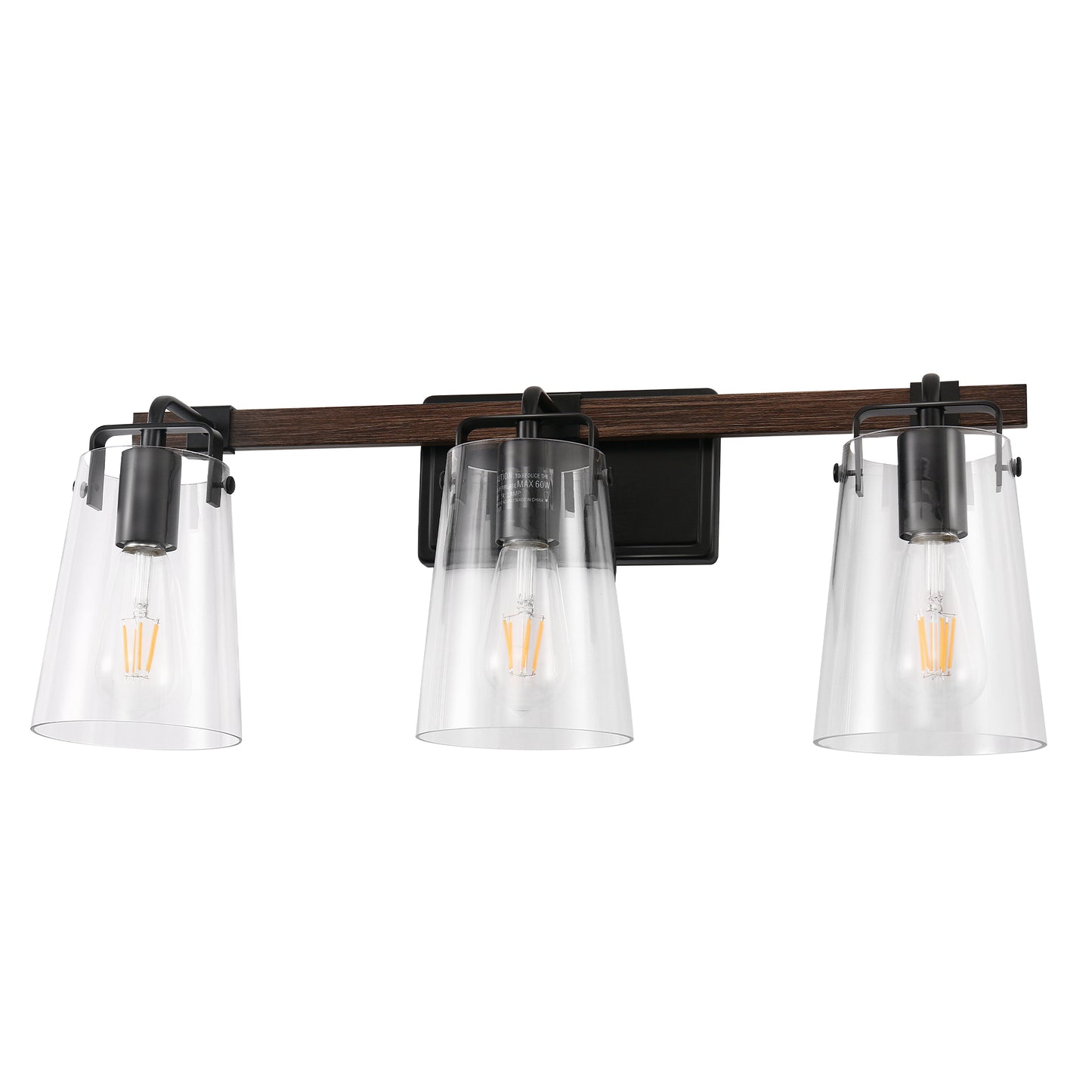 24 in. 3-Light Black and Faux Wood Vintage Farmhouse Vanity Light with Clear Glass Bell Shades for Bathroom