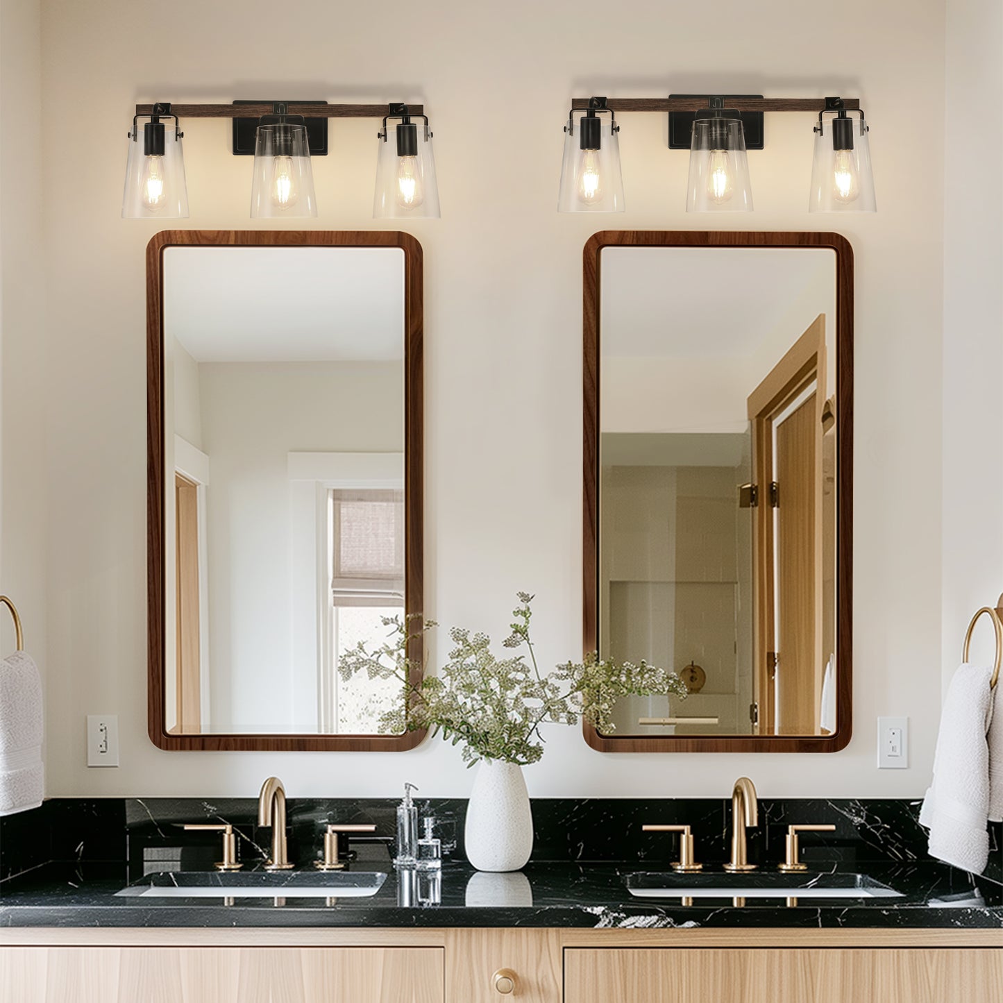 24 in. 3-Light Black and Faux Wood Vintage Farmhouse Vanity Light with Clear Glass Bell Shades for Bathroom
