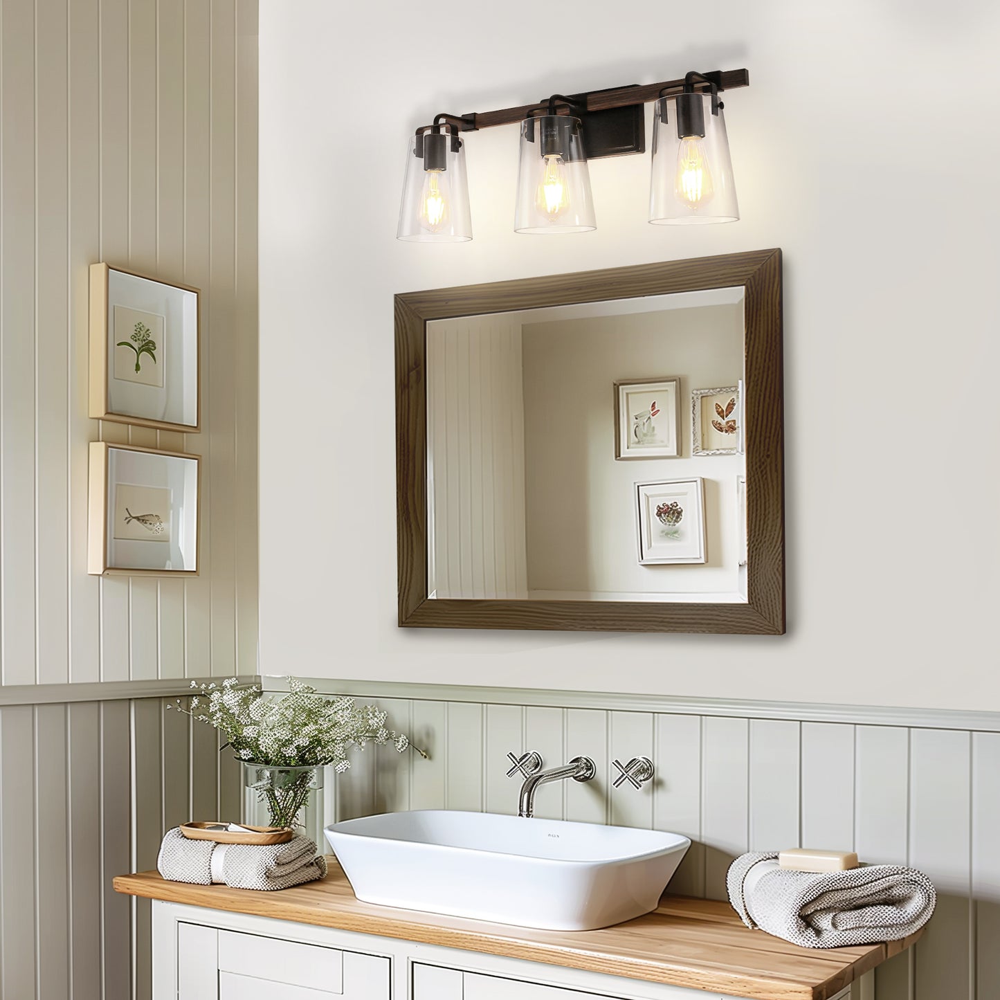 24 in. 3-Light Black and Faux Wood Vintage Farmhouse Vanity Light with Clear Glass Bell Shades for Bathroom