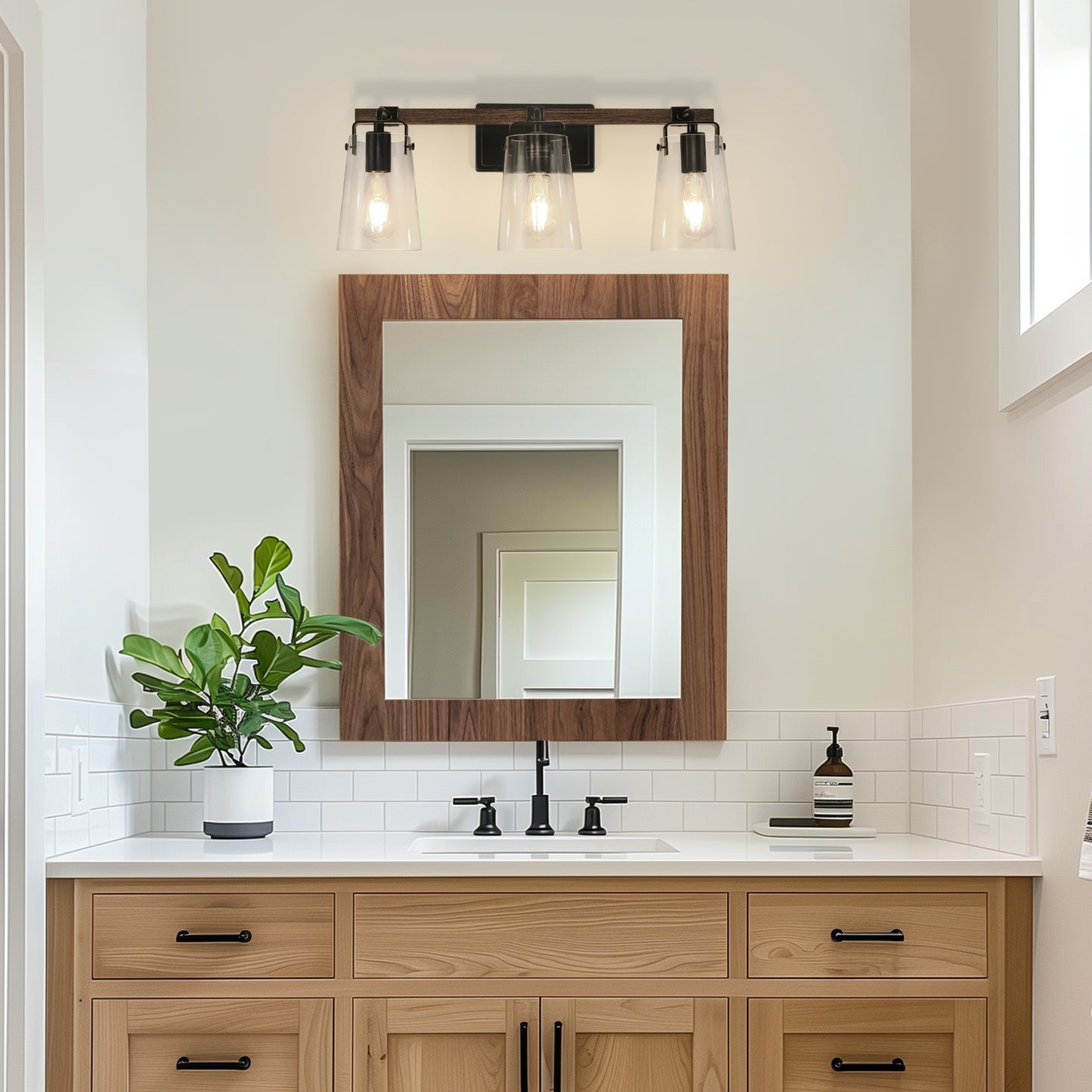 24 in. 3-Light Black and Faux Wood Vintage Farmhouse Vanity Light with Clear Glass Bell Shades for Bathroom