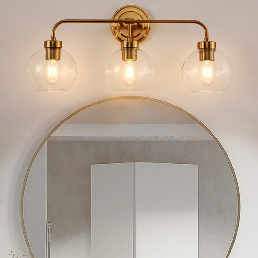 24 in. 3-Light Mid-Century Modern Globe Bathroom Vanity Light, Brass Gold Round Wall Fixture with Clear Glass Shades