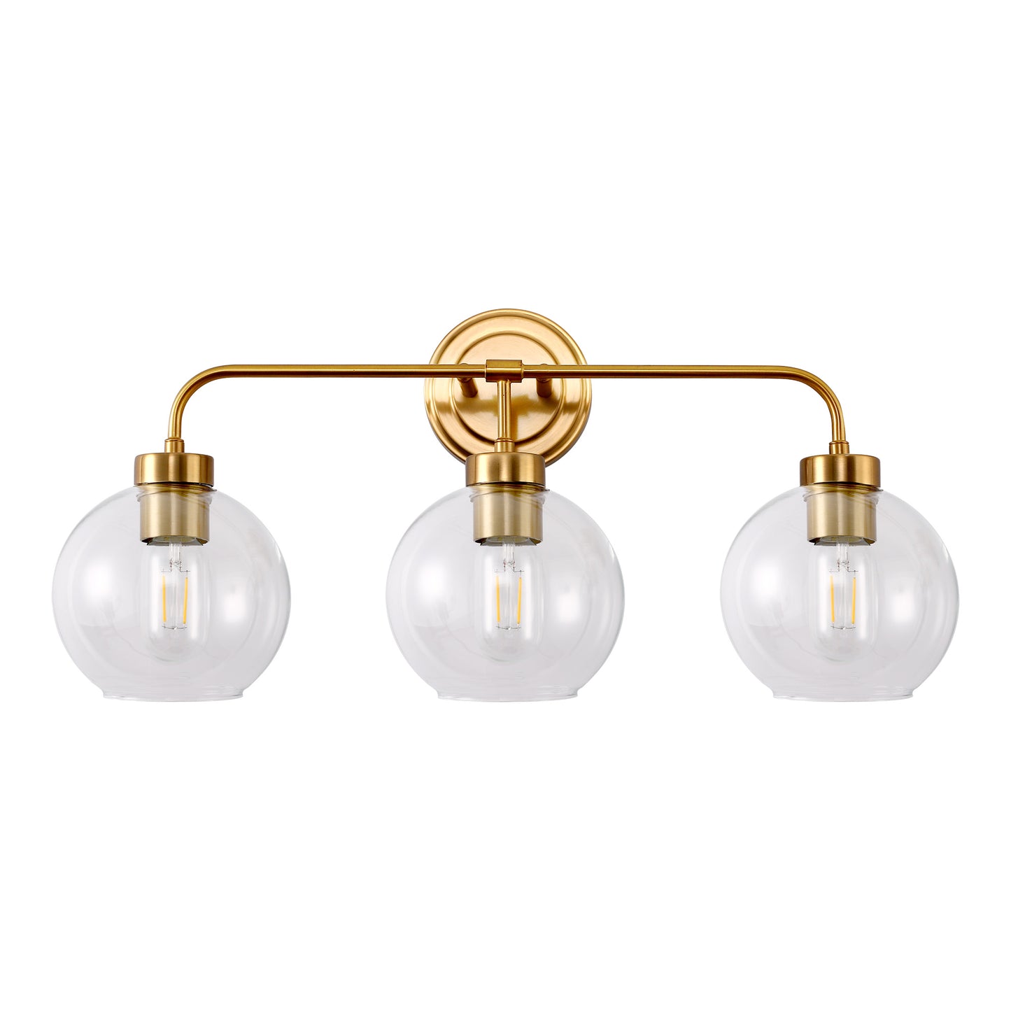 24 in. 3-Light Mid-Century Modern Globe Bathroom Vanity Light, Brass Gold Round Wall Fixture with Clear Glass Shades