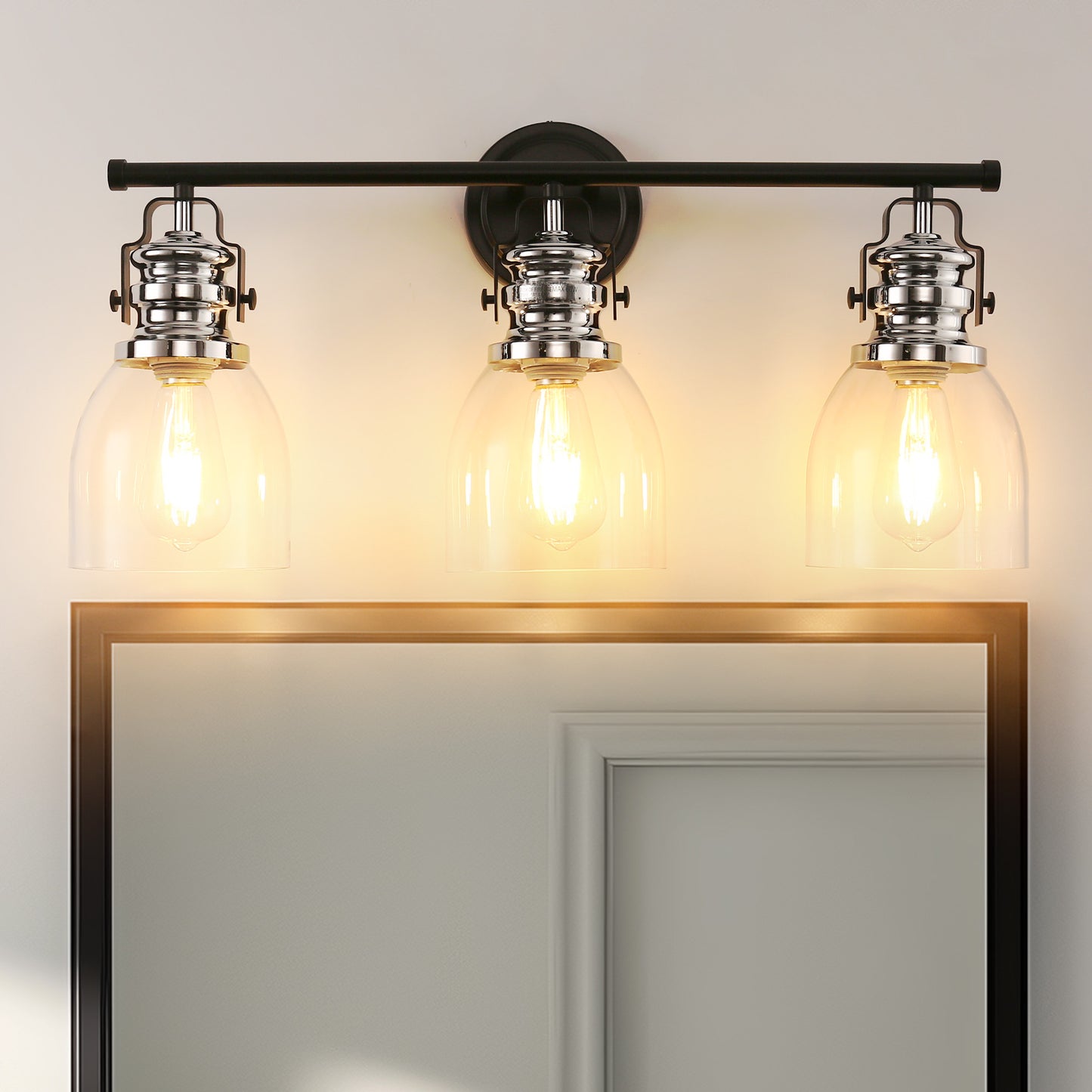 24 in. 3-Light Black and Nickel Modern Bell Vanity Light for Bathroom Mirror with Clear Glass Shades