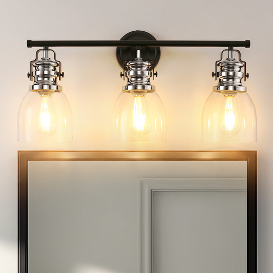24 in. 3-Light Black and Nickel Modern Bell Vanity Light for Bathroom Mirror with Clear Glass Shades