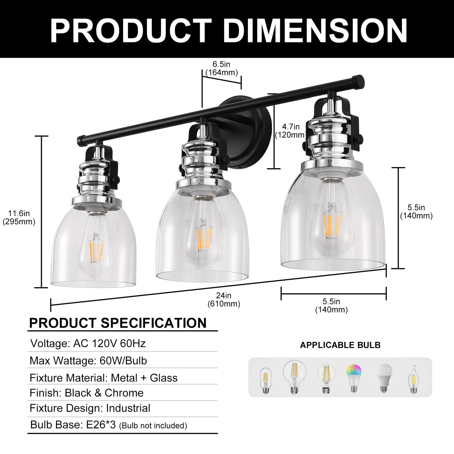 24 in. 3-Light Black and Nickel Modern Bell Vanity Light for Bathroom Mirror with Clear Glass Shades