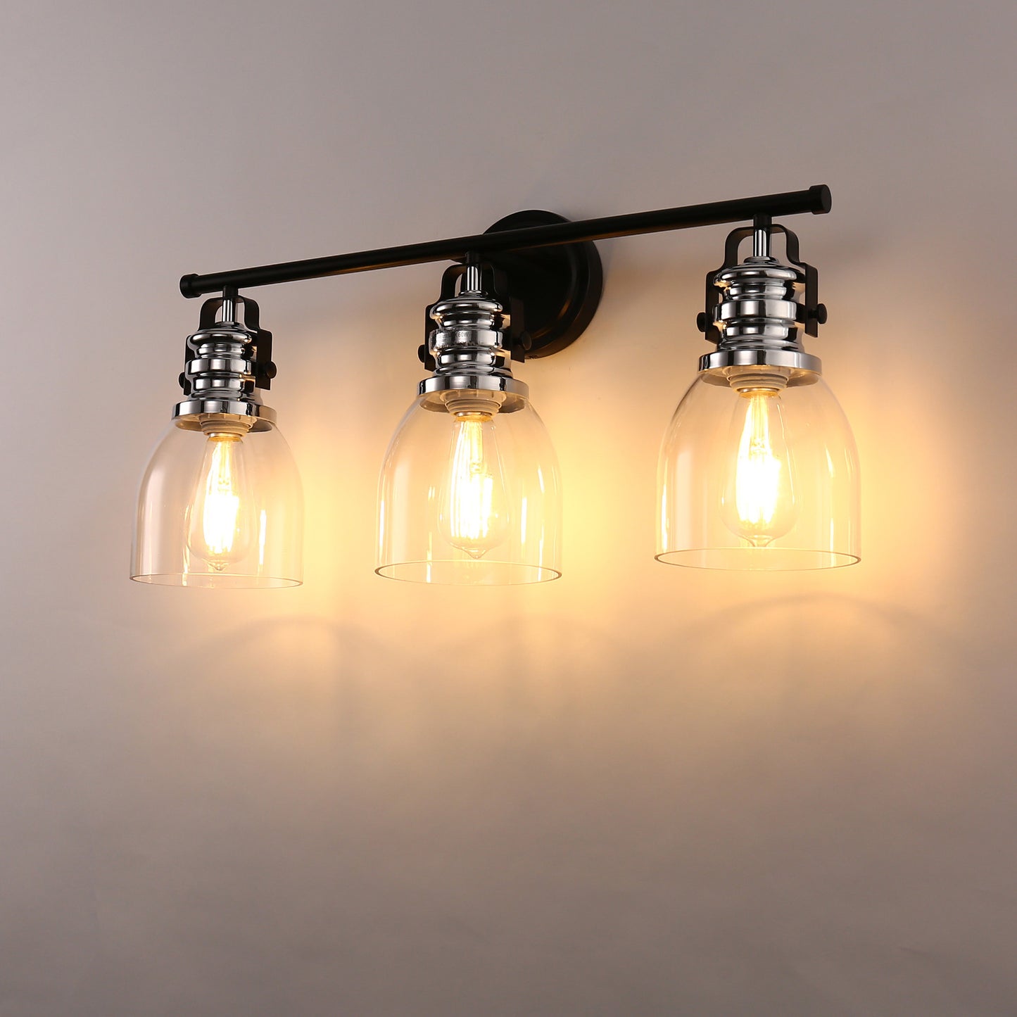24 in. 3-Light Black and Nickel Modern Bell Vanity Light for Bathroom Mirror with Clear Glass Shades