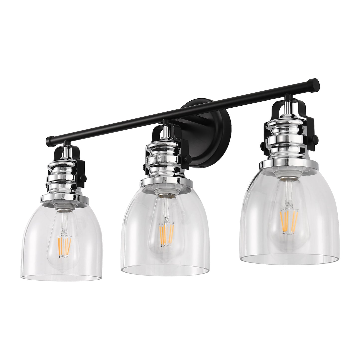 24 in. 3-Light Black and Nickel Modern Bell Vanity Light for Bathroom Mirror with Clear Glass Shades