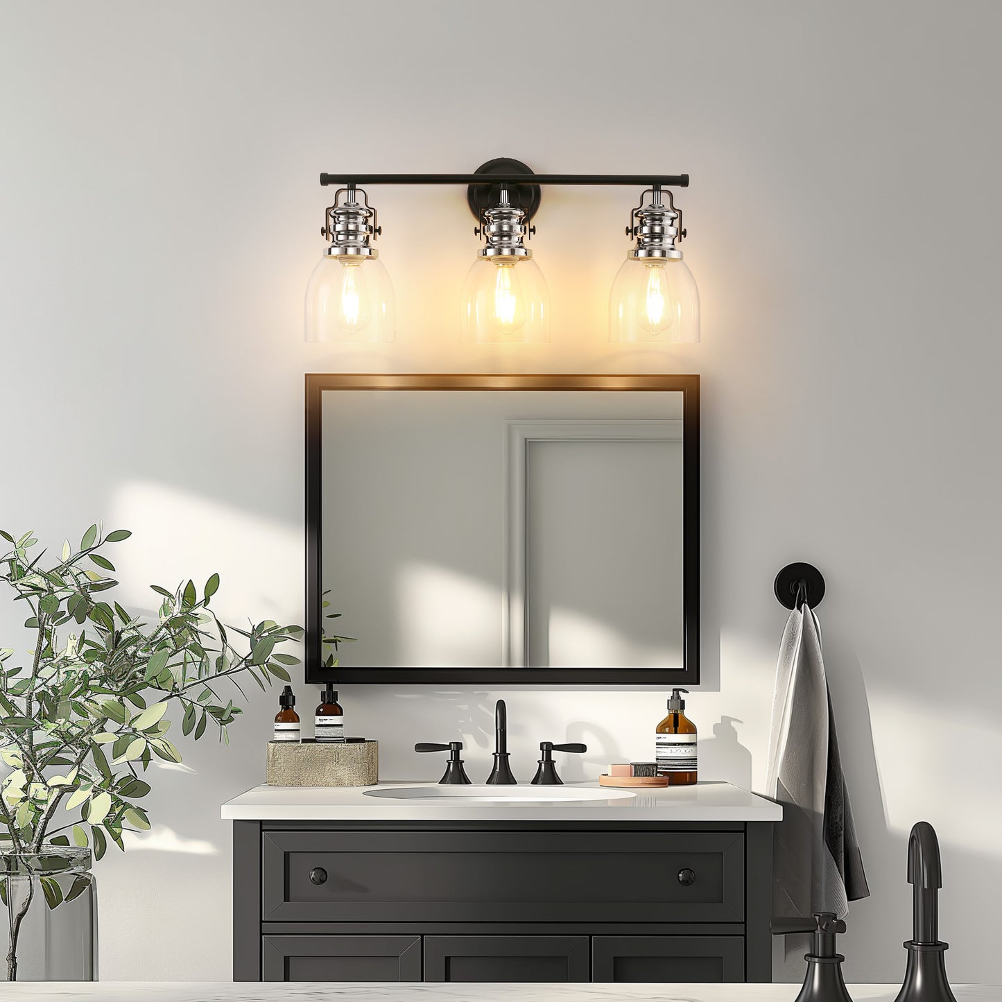 24 in. 3-Light Black and Nickel Modern Bell Vanity Light for Bathroom Mirror with Clear Glass Shades