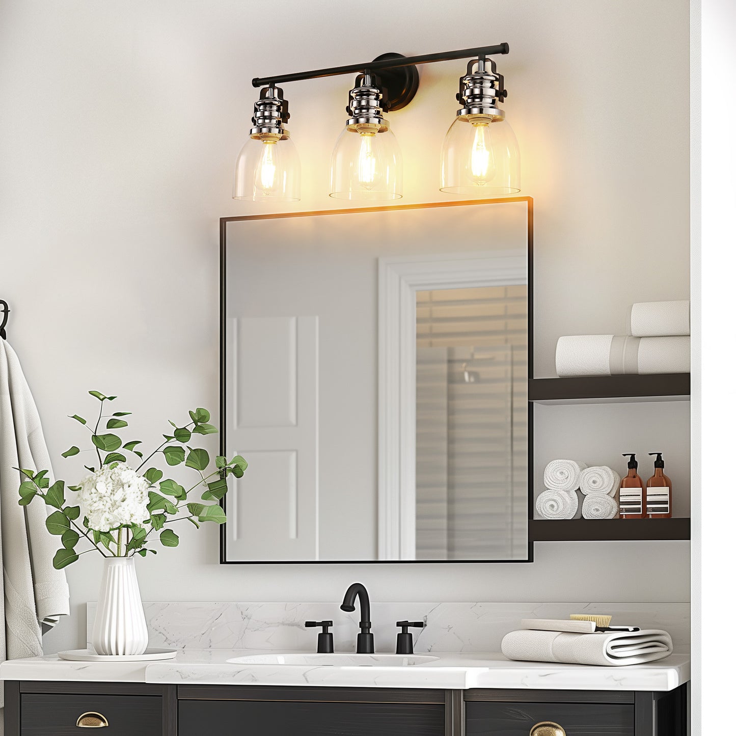 24 in. 3-Light Black and Nickel Modern Bell Vanity Light for Bathroom Mirror with Clear Glass Shades