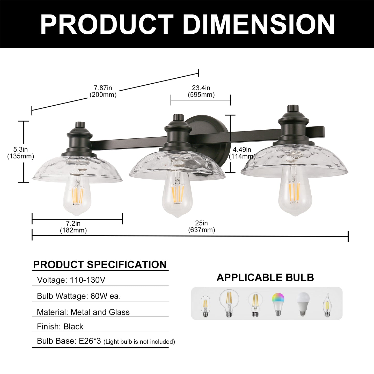 25 in. 3-Light Black Vanity Light with Clear Cylinder Glass Shades - Wall Sconce for Bathroom, Vanity, and Powder Room