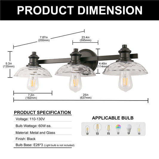 25 in. 3-Light Black Vanity Light with Clear Cylinder Glass Shades - Wall Sconce for Bathroom, Vanity, and Powder Room