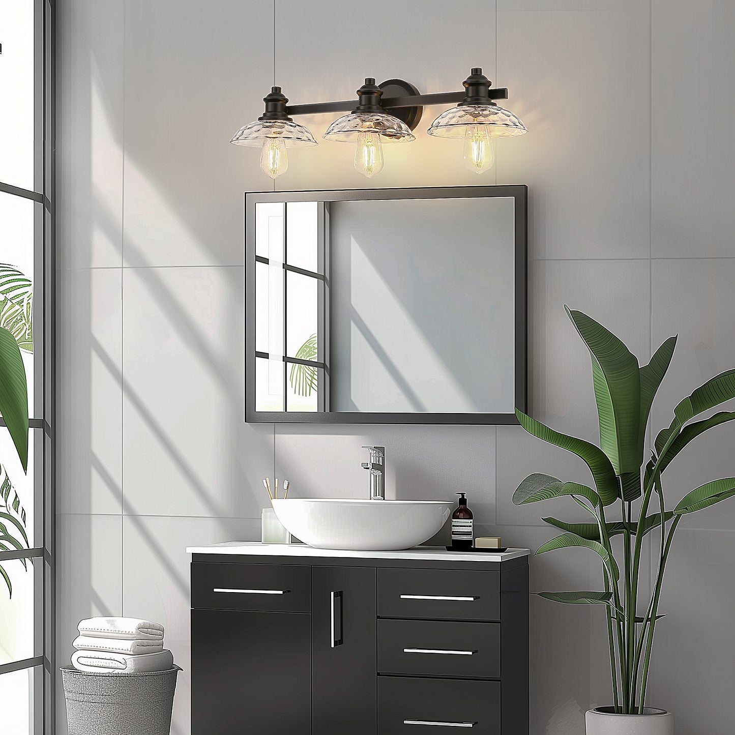 25 in. 3-Light Black Vanity Light with Clear Cylinder Glass Shades - Wall Sconce for Bathroom, Vanity, and Powder Room