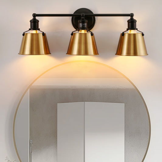 24 in. 3-Light Black and Gold Modern Bell Vanity Light for Bathroom Mirror with Metal Shades