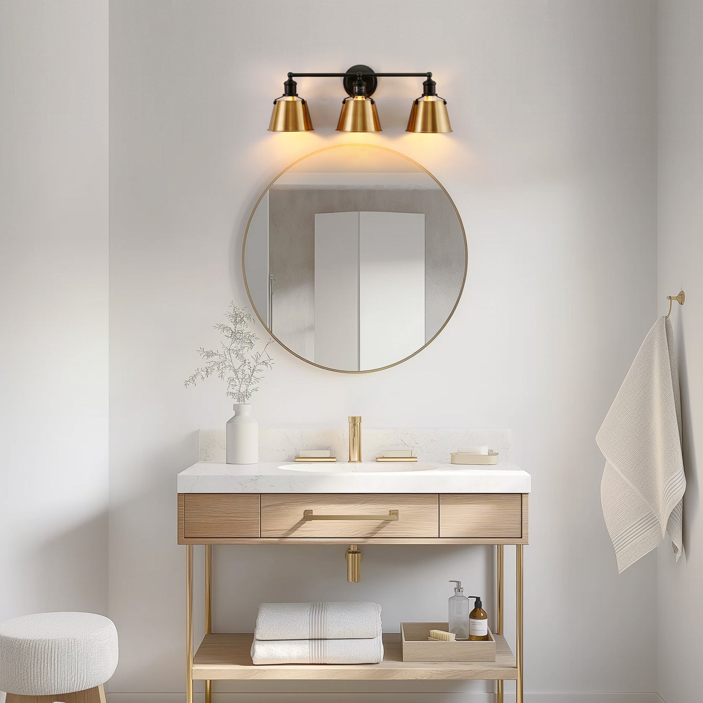 24 in. 3-Light Black and Gold Modern Bell Vanity Light for Bathroom Mirror with Metal Shades