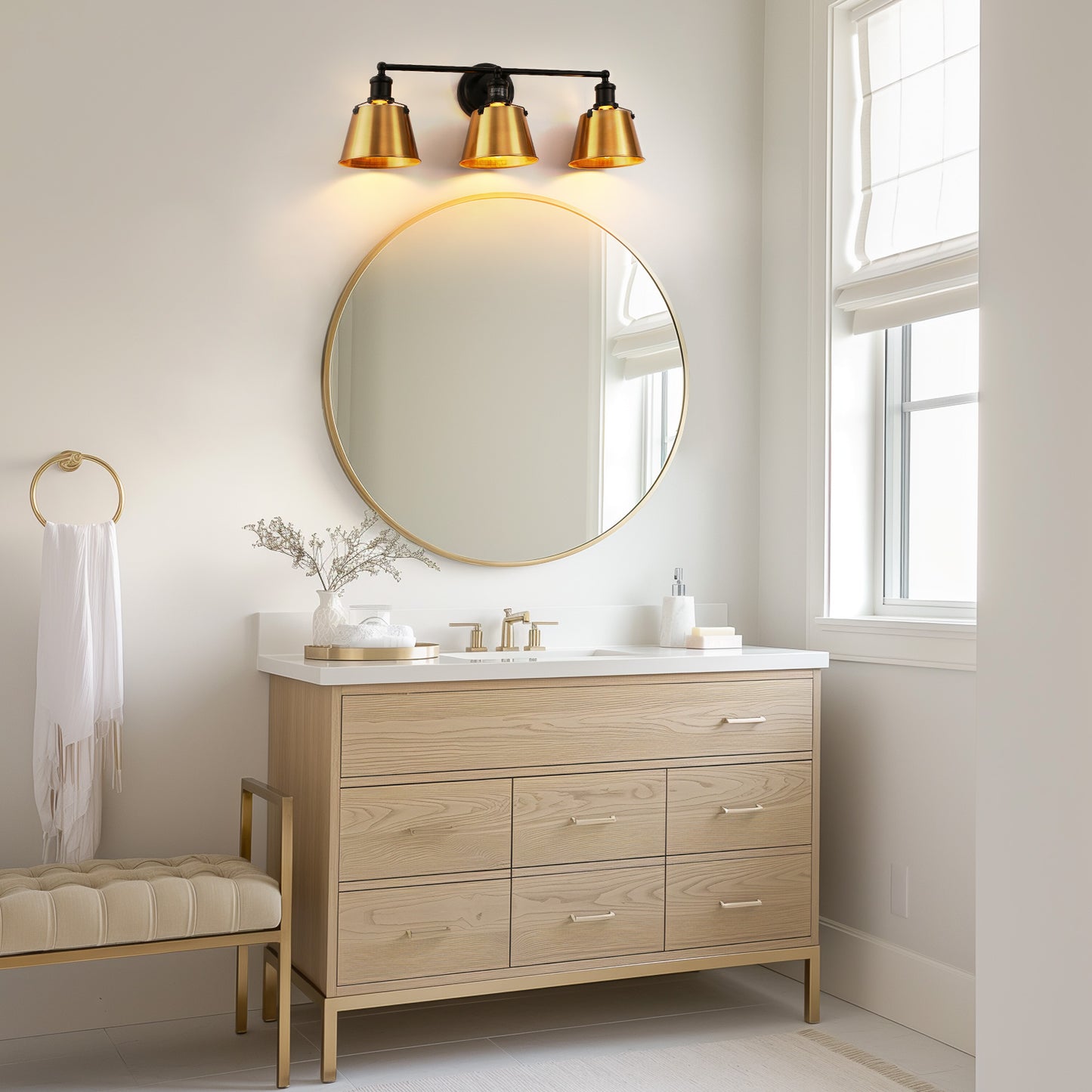 24 in. 3-Light Black and Gold Modern Bell Vanity Light for Bathroom Mirror with Metal Shades