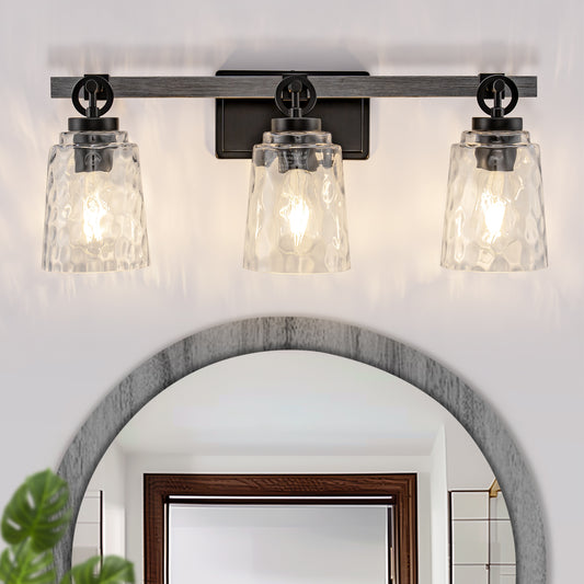 24 in. 3-Light Black and Wood Grain Modern Bell Vanity Light for Bathroom Mirror with Water Glass Shades