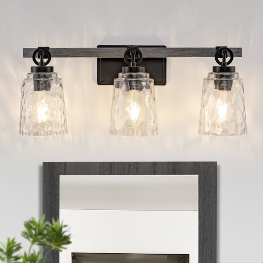 24 in. 3-Light Black and Wood Grain Modern Bell Vanity Light for Bathroom Mirror with Water Glass Shades
