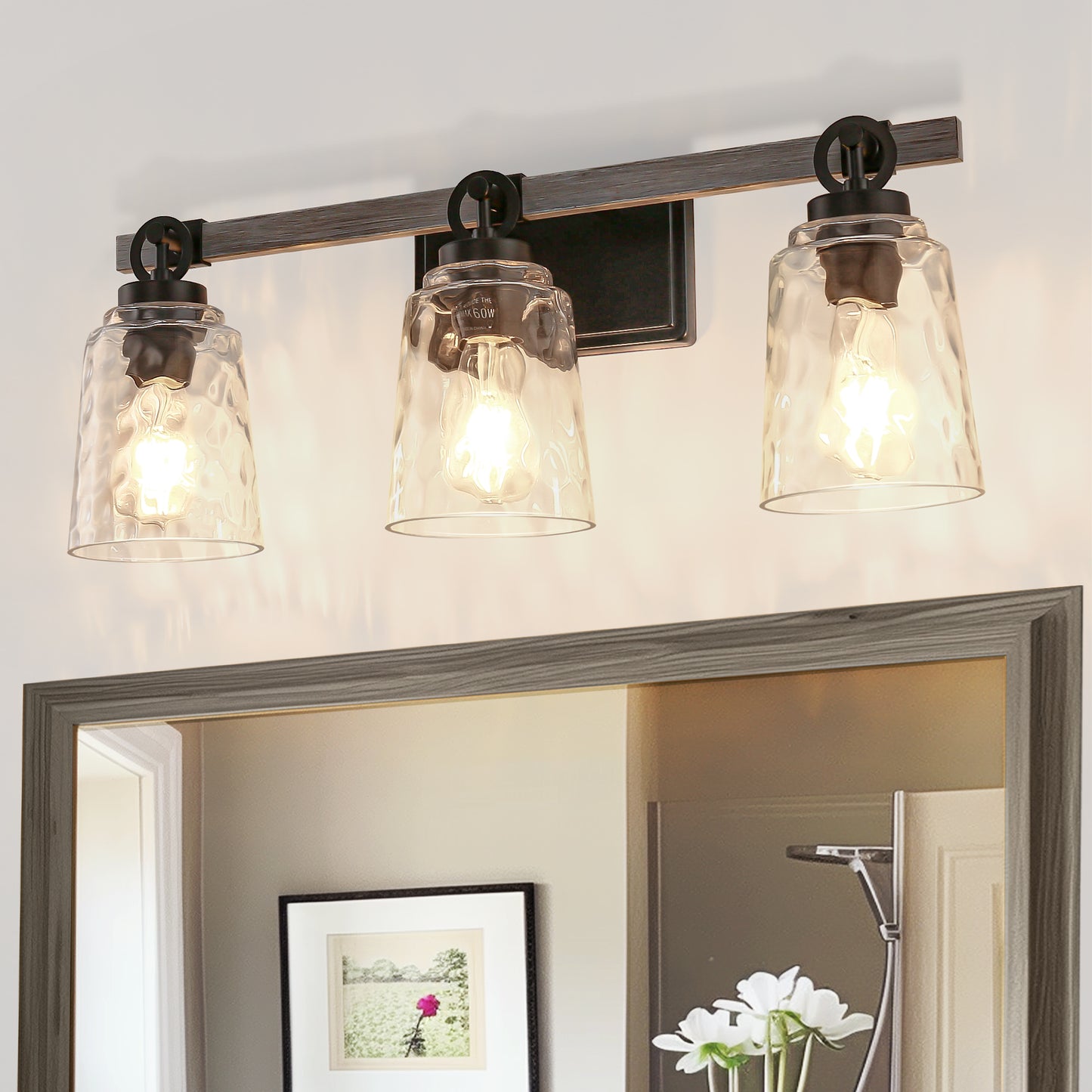 24 in. 3-Light Black and Wood Grain Modern Bell Vanity Light for Bathroom Mirror with Water Glass Shades